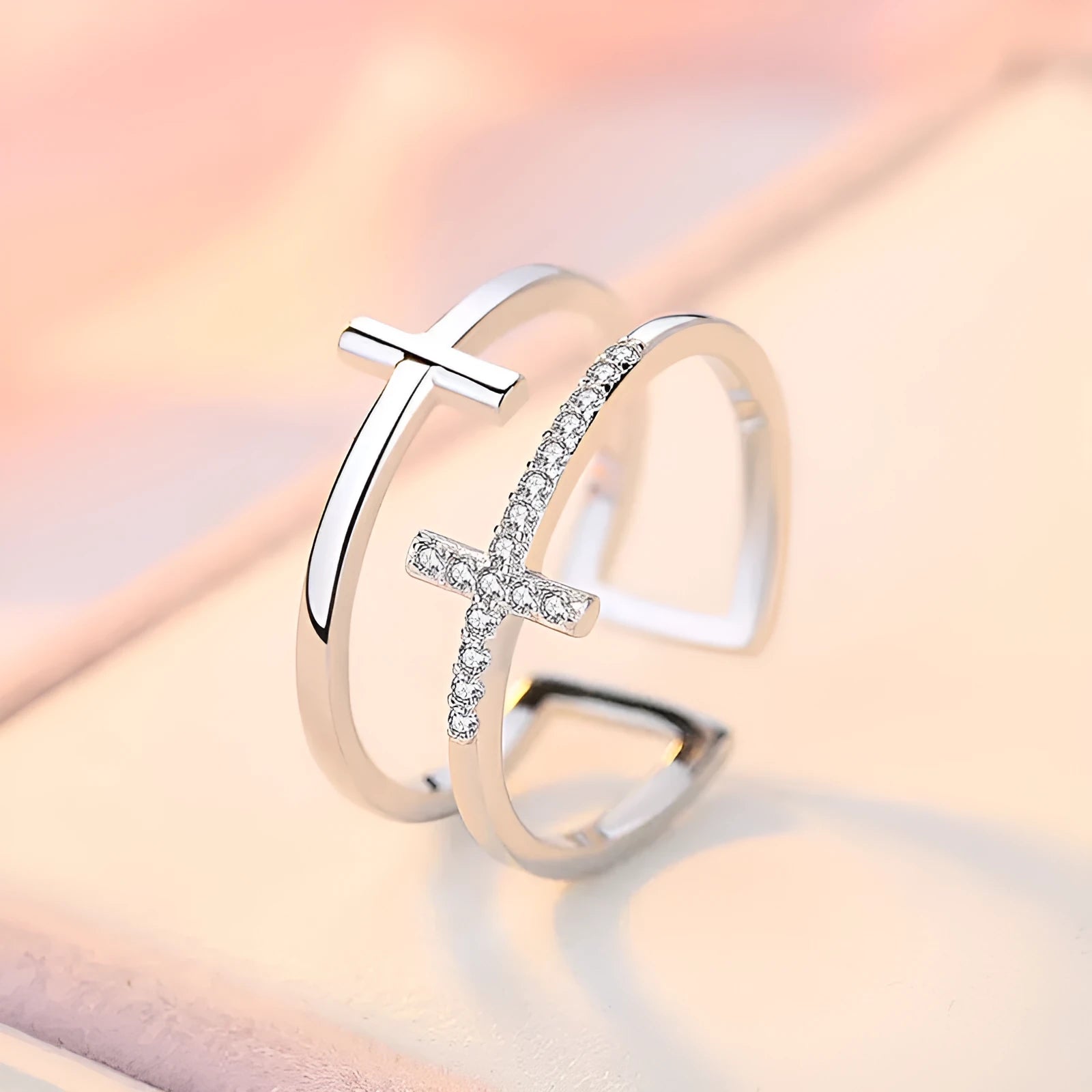 Women's adjustable open ring with geometric design, zircon stone inlays, and white gold finish