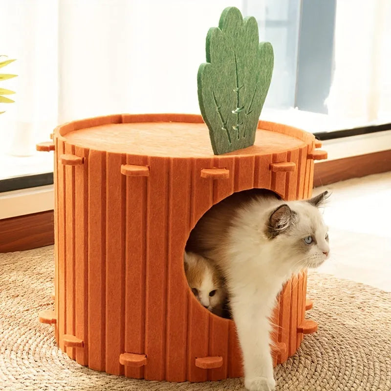 Carrot-shaped felt cat tunnel nest with ventilation holes in soft grey material
