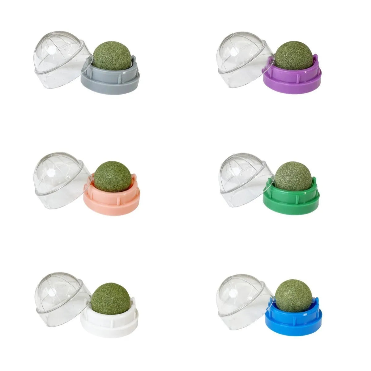 Plastic catnip ball toy in various colours for molar teeth cleaning and feline enrichment.
