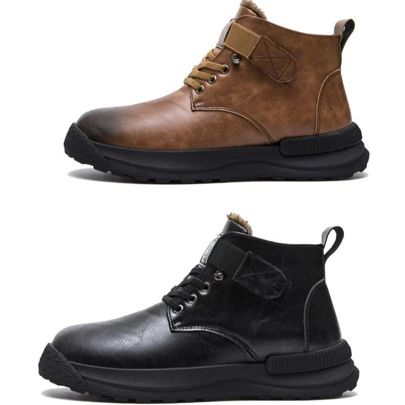 Black Martin high-top platform boots with artificial PU upper and rubber sole on a white background