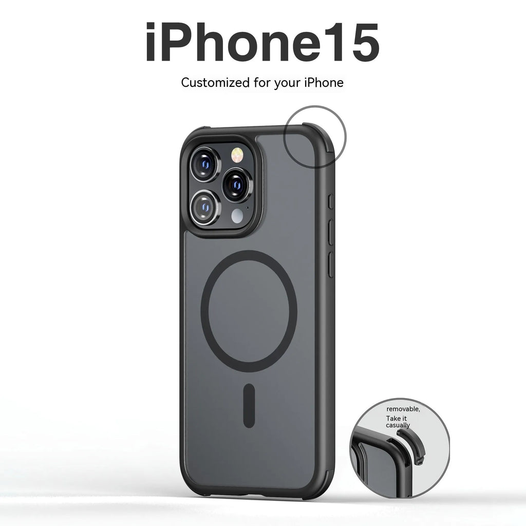 Matte frosted silicone magnetic phone case for Apple iPhone 15 in black with magnetic ring
