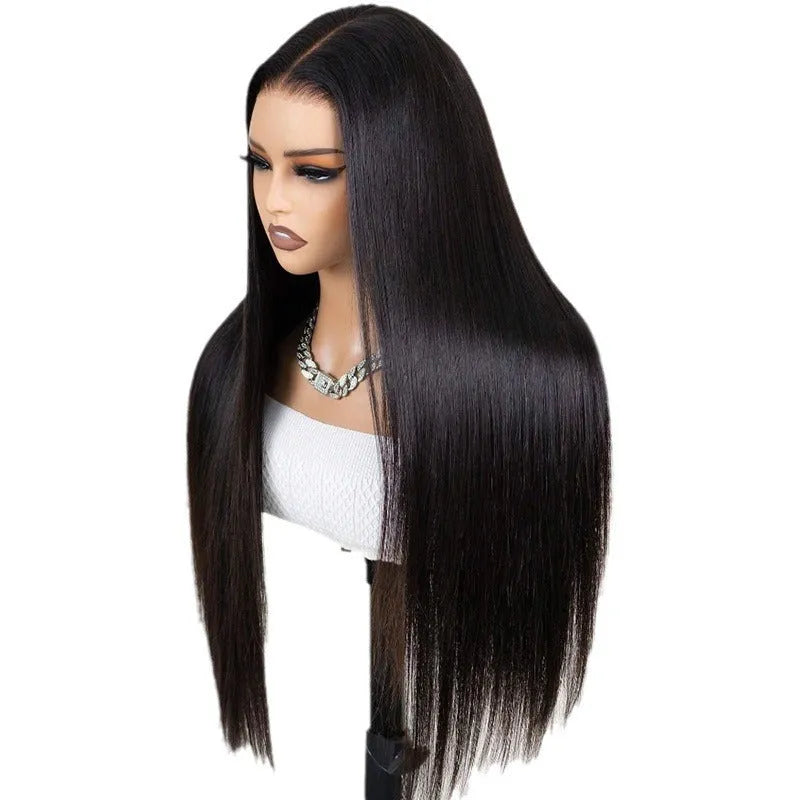 A straight black human hair wig with a 13x6 lace front, shown at a medium length.