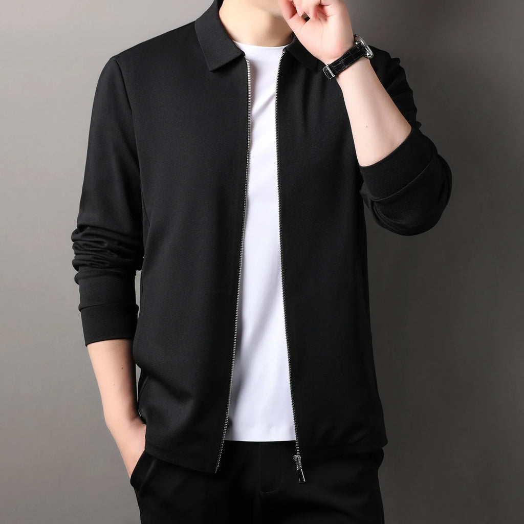 Men's casual business jacket in polyester, shown in black, dark grey or apricot with long sleeves and straight hem.