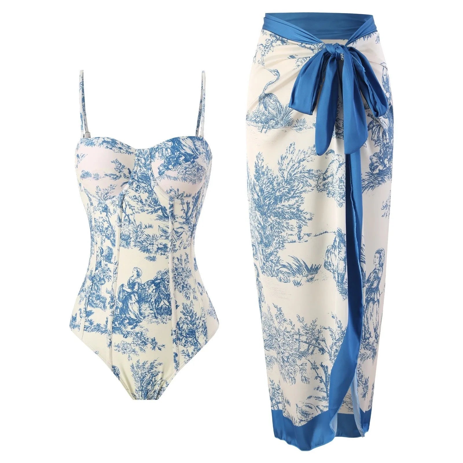 Blue one-piece swimsuit for women with an optional matching gauze skirt, shown in various sizes.