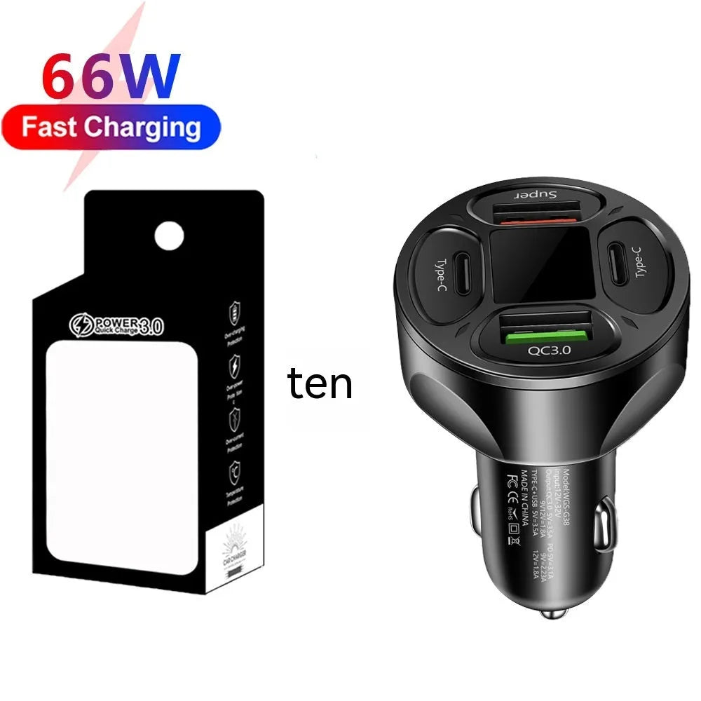 66W digital display car charger with 2 USB and 2 Type-C ports showing vehicle voltage on screen