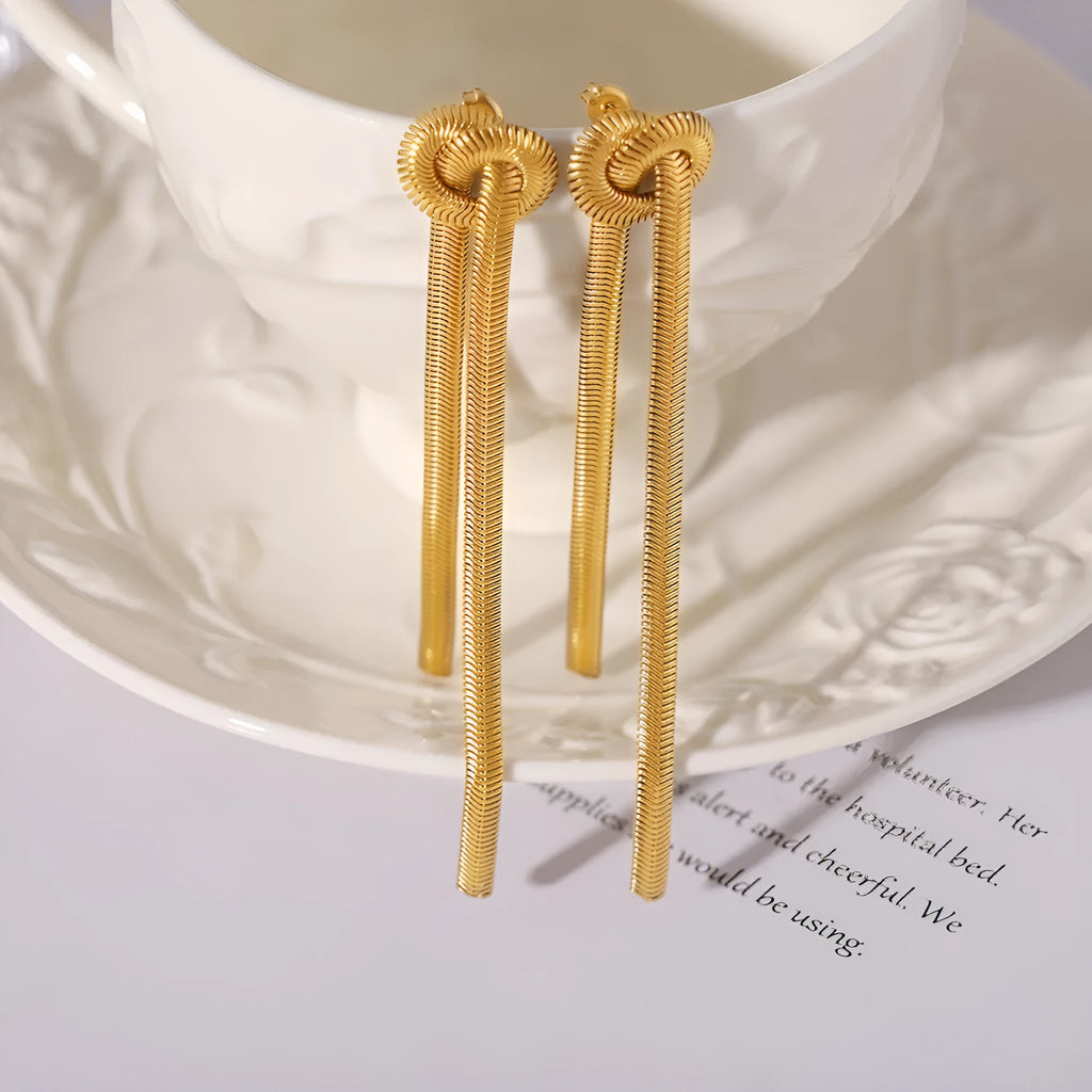 Gold electroplated titanium steel necklace with snake chain and tassel pendant with matching earrings jewellery set