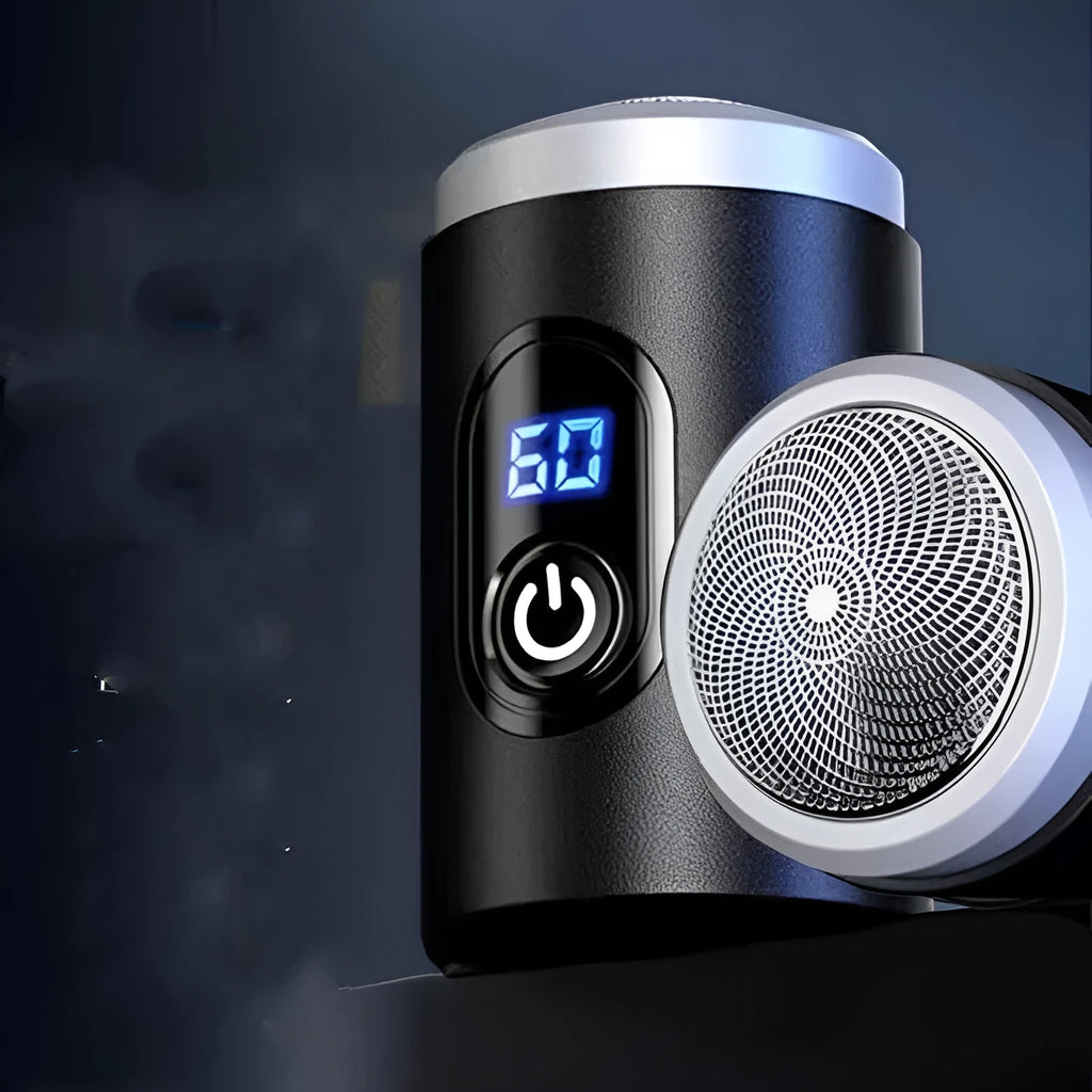 Black portable USB rechargeable electric shaver with cleaning brush and protective cover