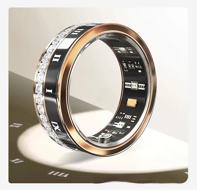 Silver and gold smart ring with diamond inlay showing blood oxygen monitoring functionality