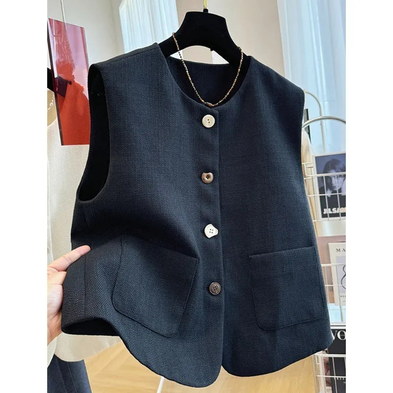 Women's round neck sleeveless bandage vest in polyester fabric for office wear