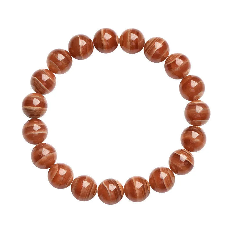 Natural old mine rhodochrosite round bead bracelet with Ruyi charm, Peruvian mineral jewellery.