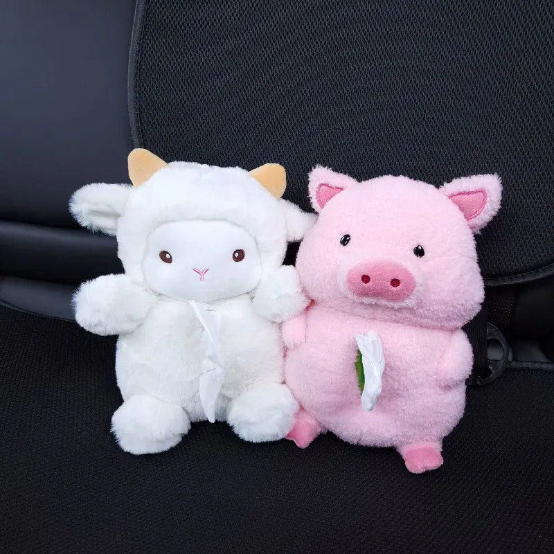 Soft plush cartoon lamb tissue box for car dashboard or home decor.