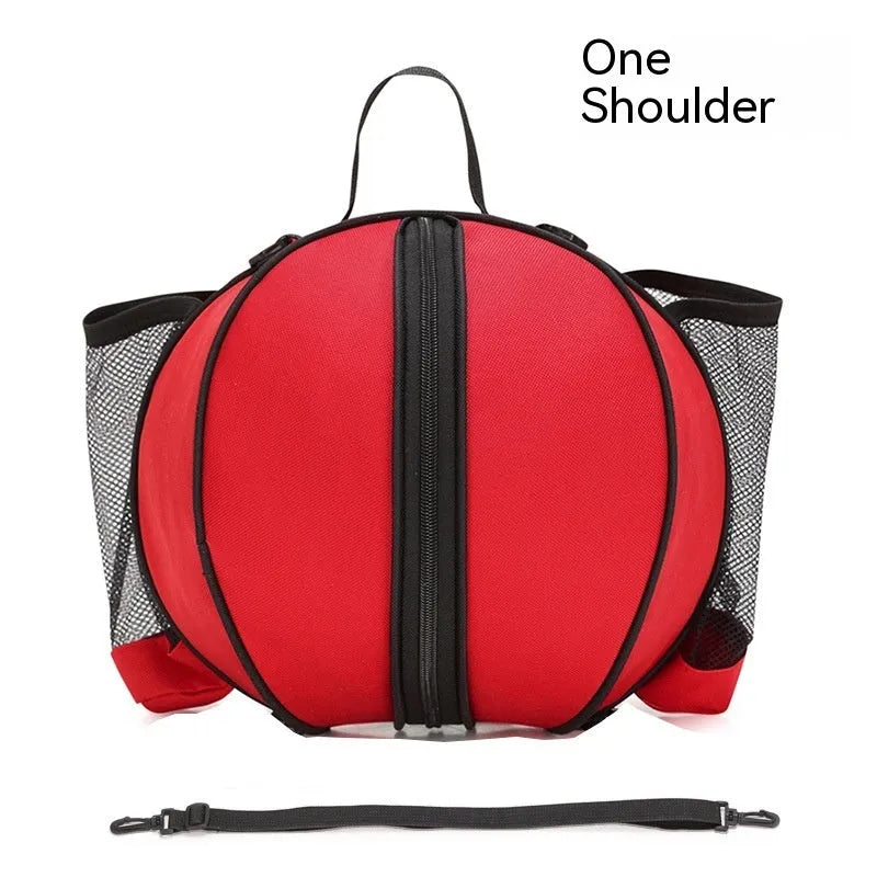 Black Oxford cloth basketball bag with one shoulder strap, shown next to a basketball.