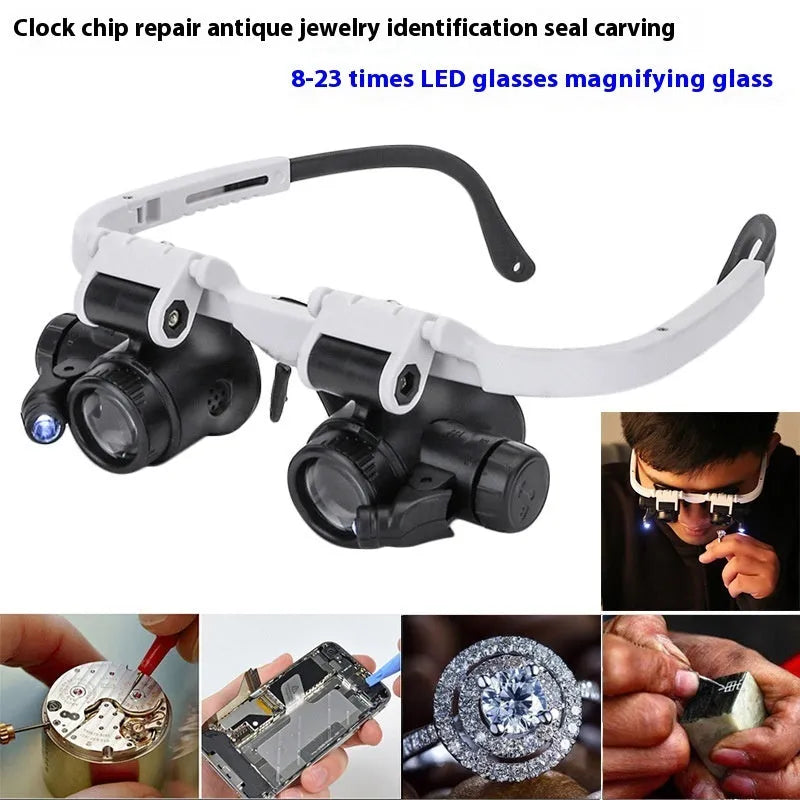 White head-mounted magnifying glass with LED light, shown both unfolded and folded for clock repair work.