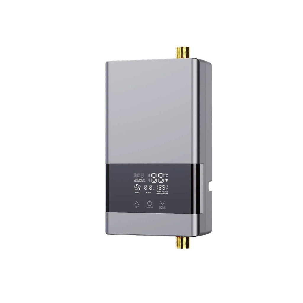 Small household quick-heating water heater with LED touch screen display in gold, silver, or white finish