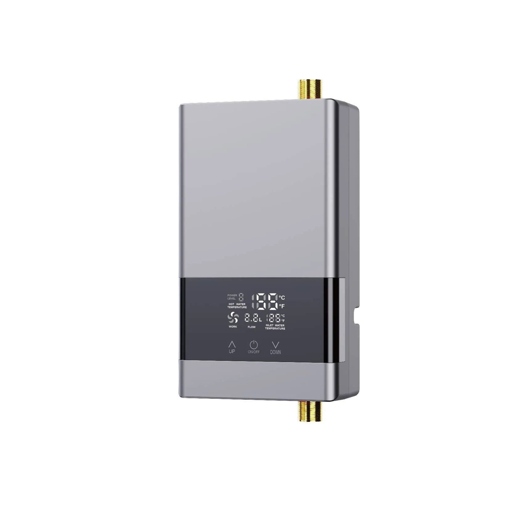 Small household quick-heating water heater with LED touch screen display in gold, silver, or white finish
