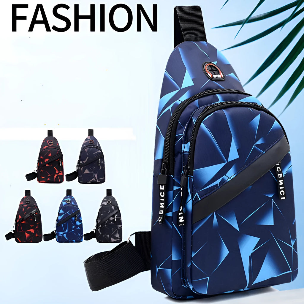Men's crossbody messenger bag with earphone hole in Oxford cloth, showing zipper opening and shoulder strap