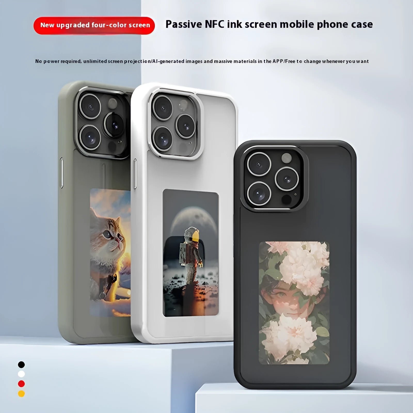 NFC projection screen phone case with four-colour e-ink display and integrated bracket for iPhone models