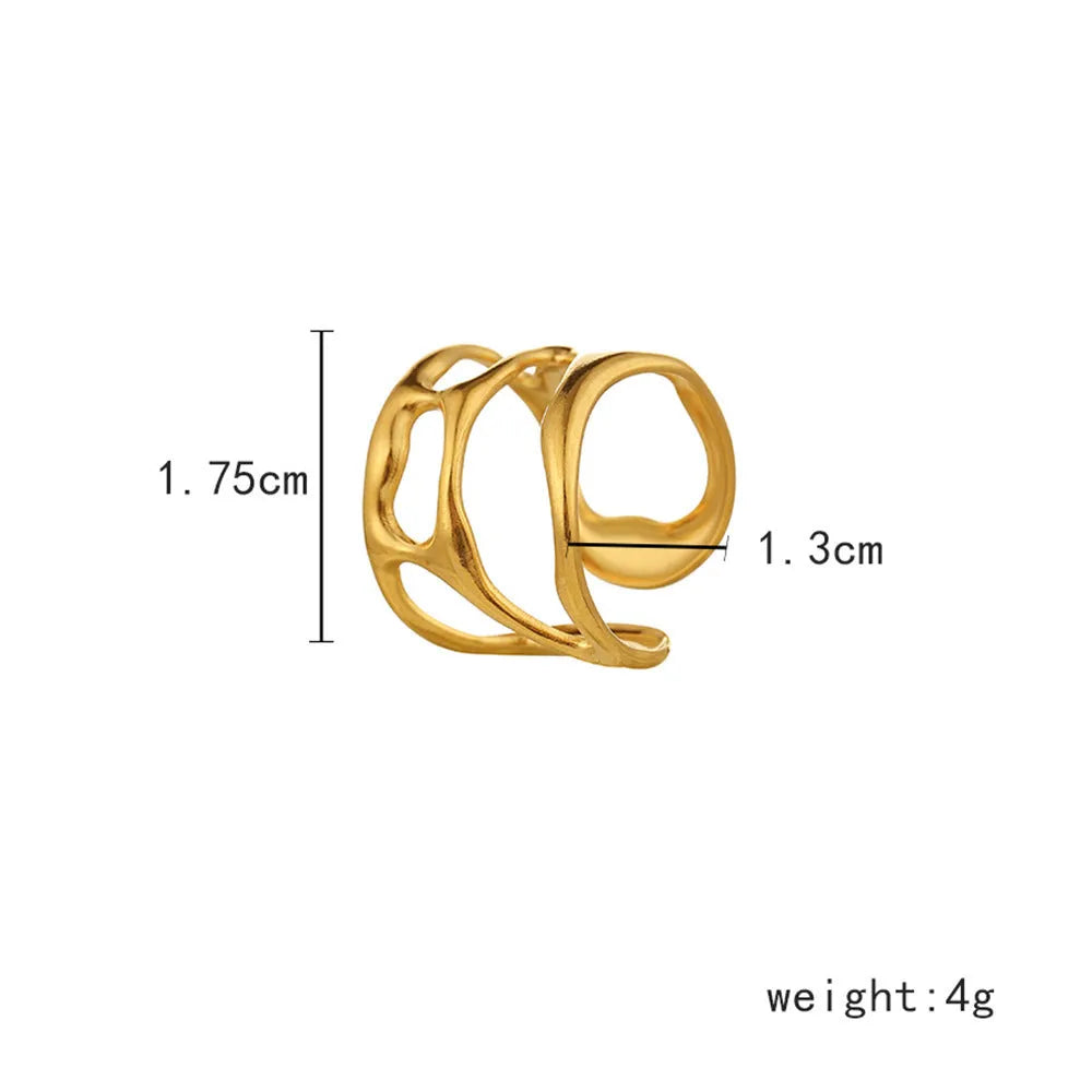 Stainless steel open adjustable geometric ring J1064 with electroplated golden finish and hollow linear design