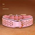 Leather dog collar with anti-bite rivets in black, chocolate, and pink colour options