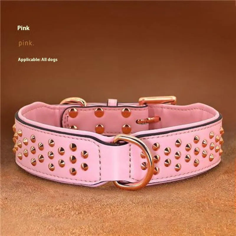 Leather dog collar with anti-bite rivets in black, chocolate, and pink colour options