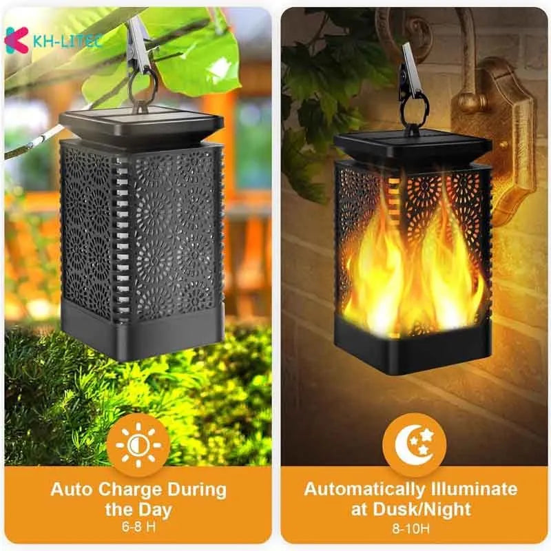 Four black solar-powered flame torch lights with flickering LED effect for garden decoration