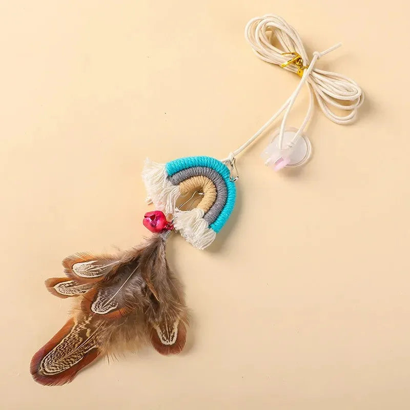 Feather cat rope door hanging toy with elastic swing and sticky buckle clamp in rainbow colours