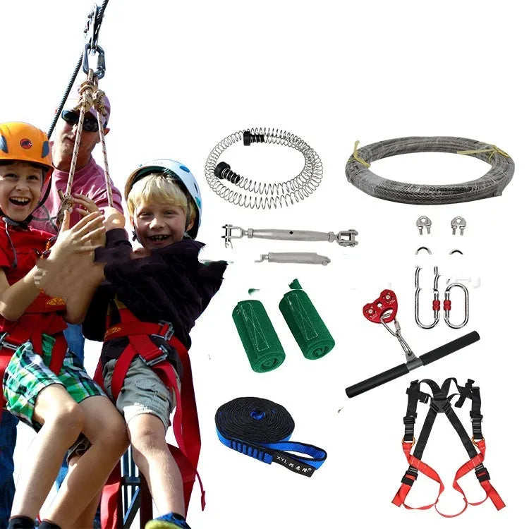 Ziptreck 10 metre pulley slide rope set with handle, safety retractor, and multiple alloy steel components