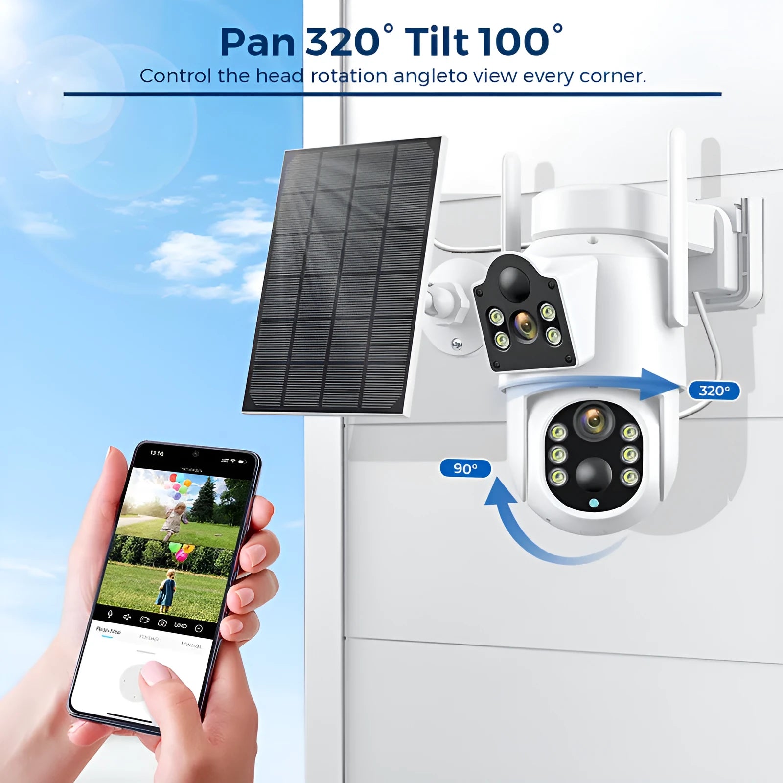 Outdoor solar wireless security camera with solar panel in black and white finish