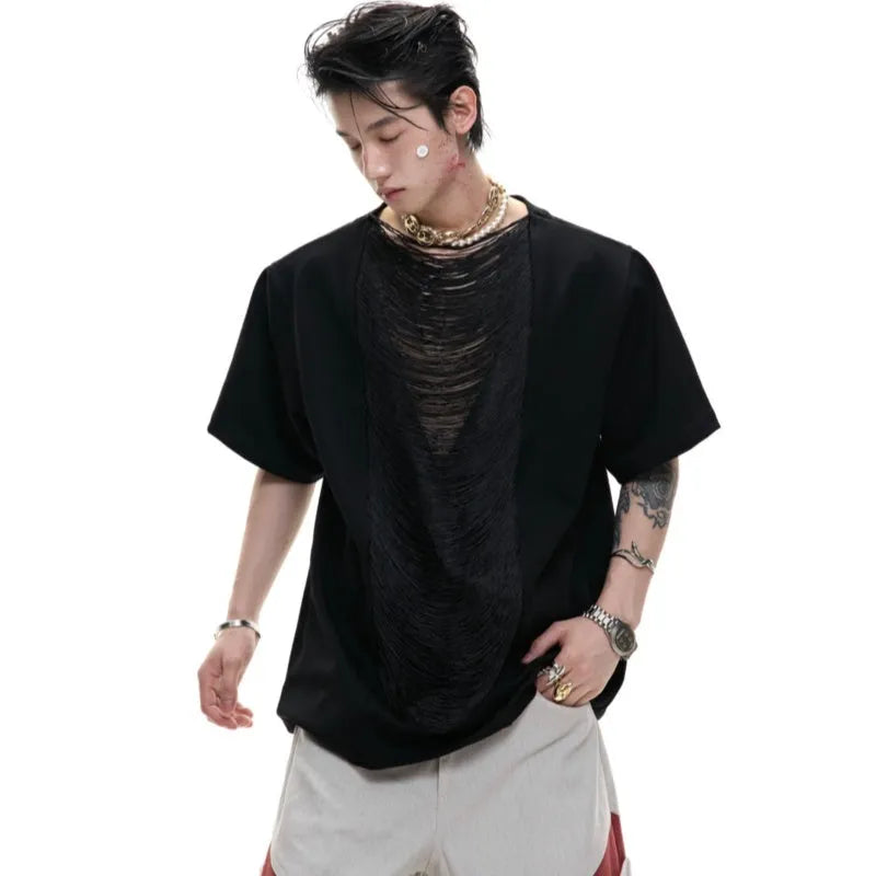 Black men's loose fit polyester T-shirt with V-neck collar and short sleeves