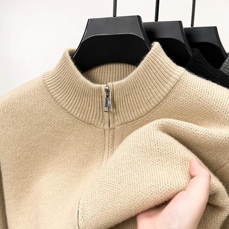 Men's stand collar knitted cardigan with full-length zipper in black, grey and beige colours