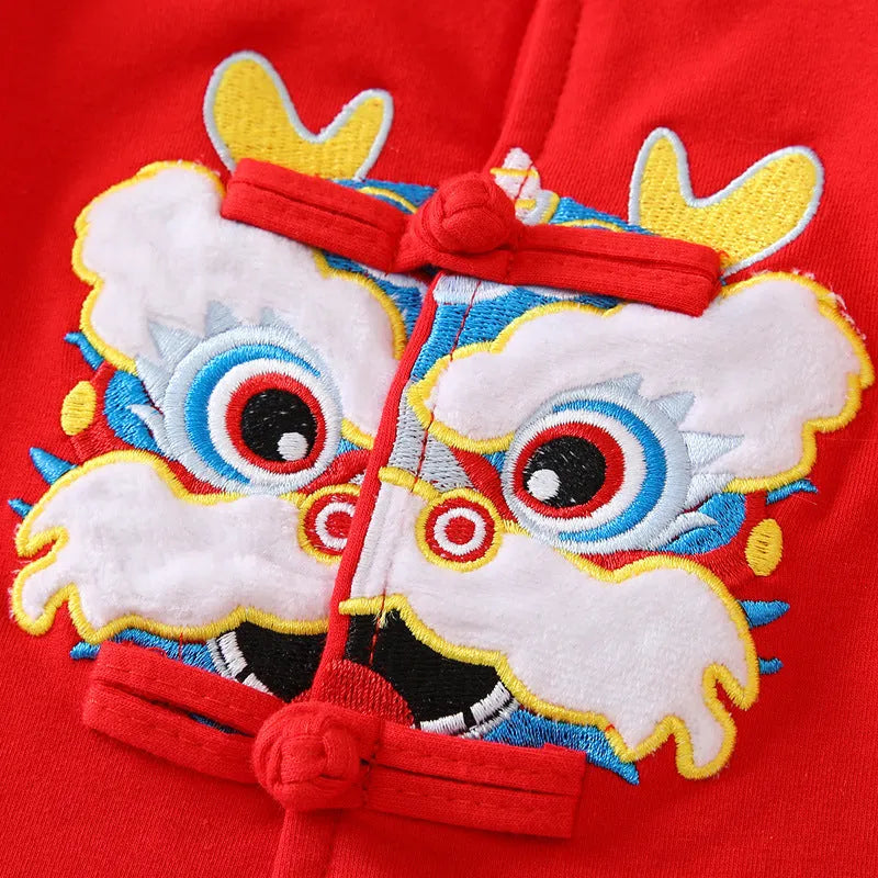 Girls cotton Tang suit dress in 036 Star Stone print with long sleeves and pants for one-year-old celebration