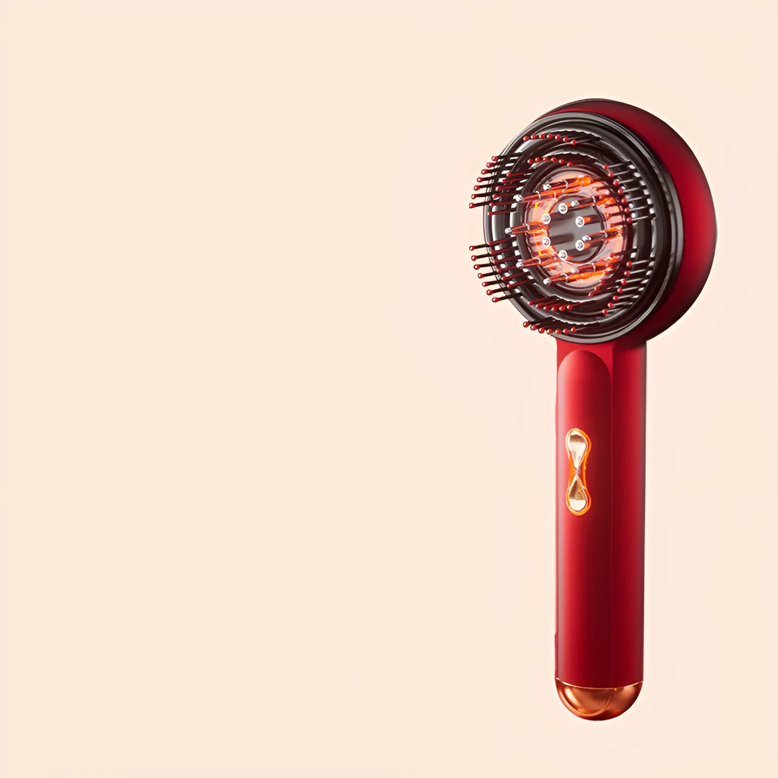 Red and blue light therapy massage hair comb in black or red plastic with Type-C charging port.