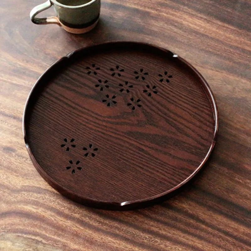 Japanese cherry blossom shallow wooden dessert plate with hollow sakura patterns measuring 30x2cm