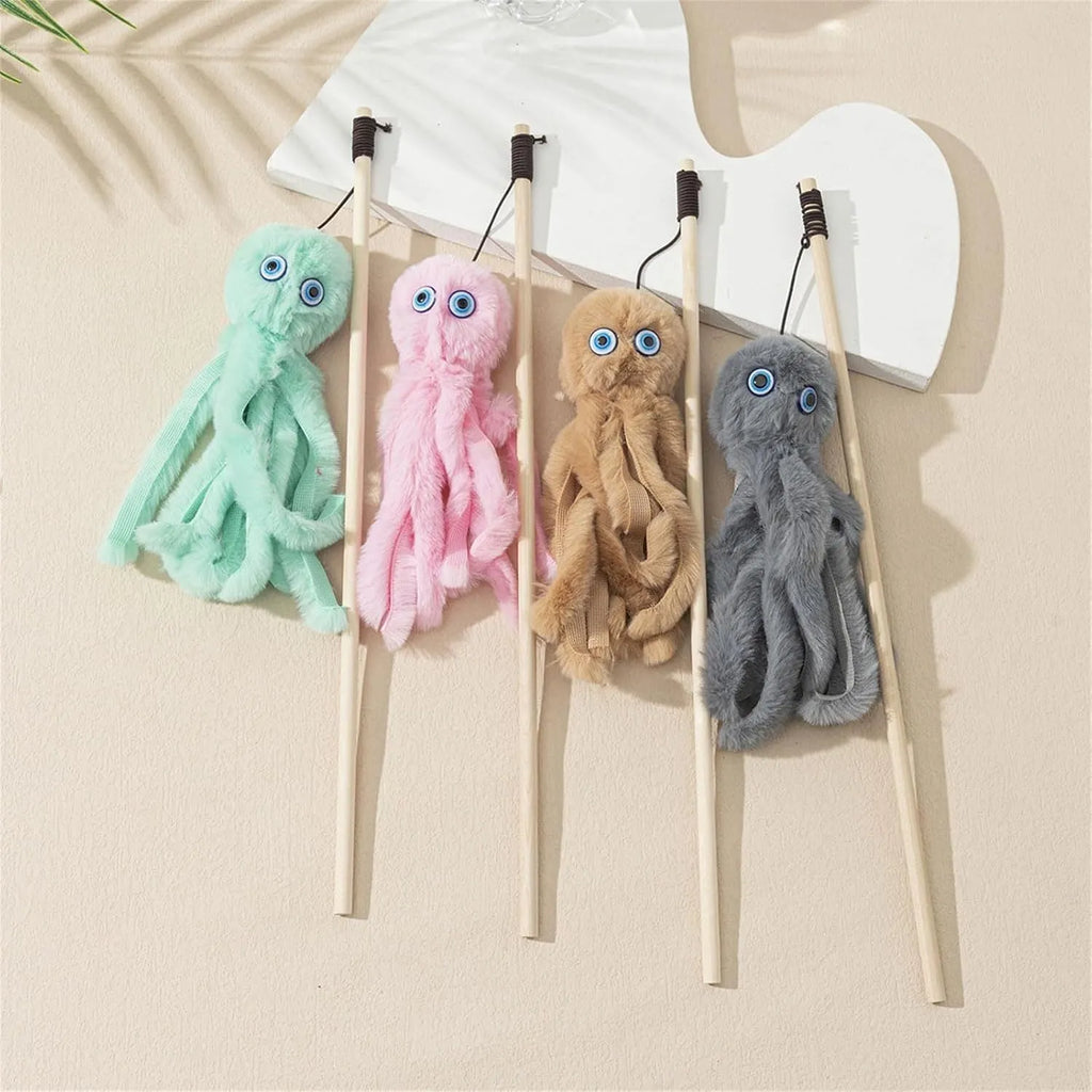 Octopus cat toy on 40cm stick in four colours for indoor feline play