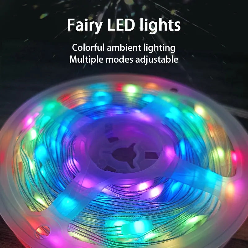 10 metre long multicolour LED party light string with 100 bulbs showing various flashing modes.