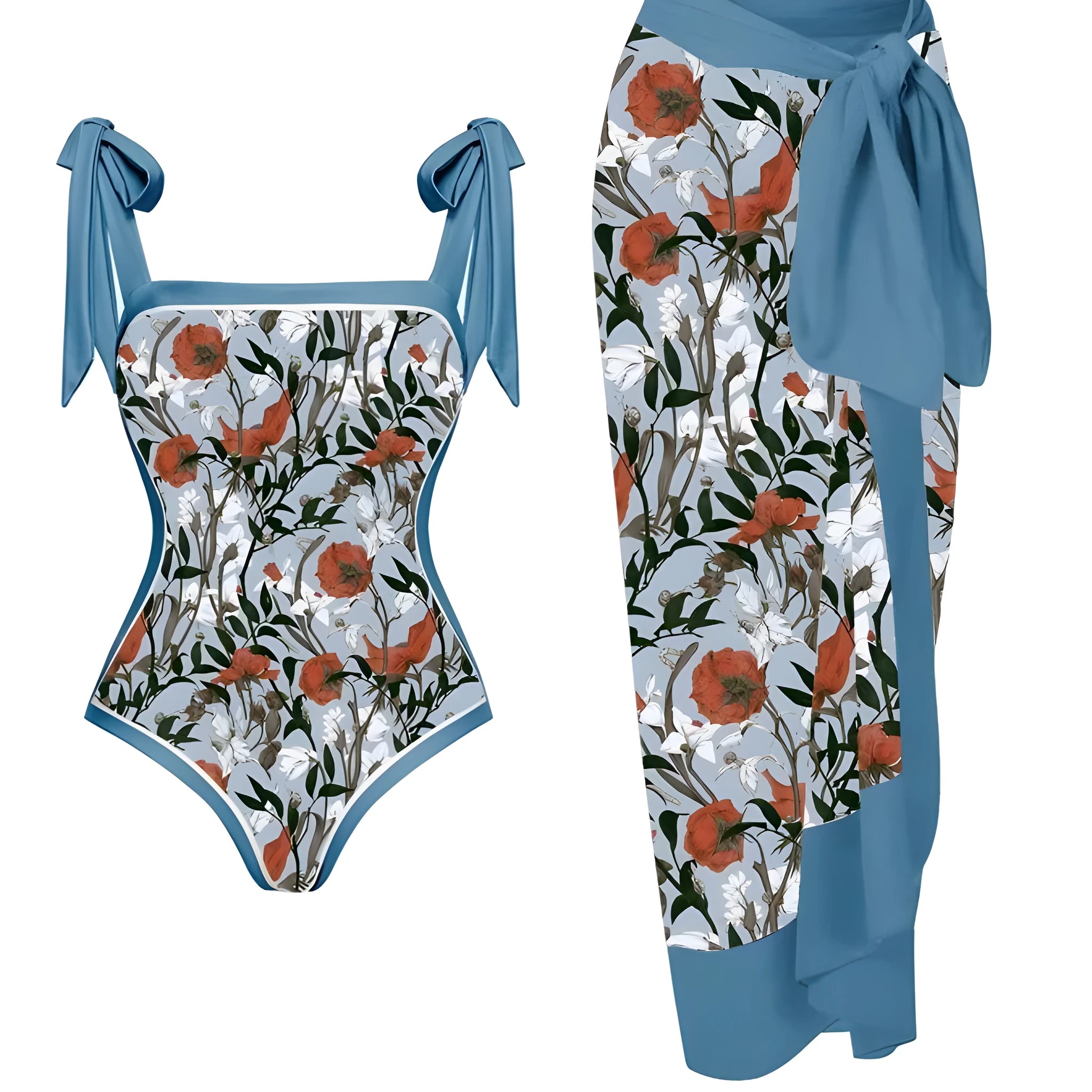 Women's floral print two-piece swimsuit with chiffon skirt in multiple colour options