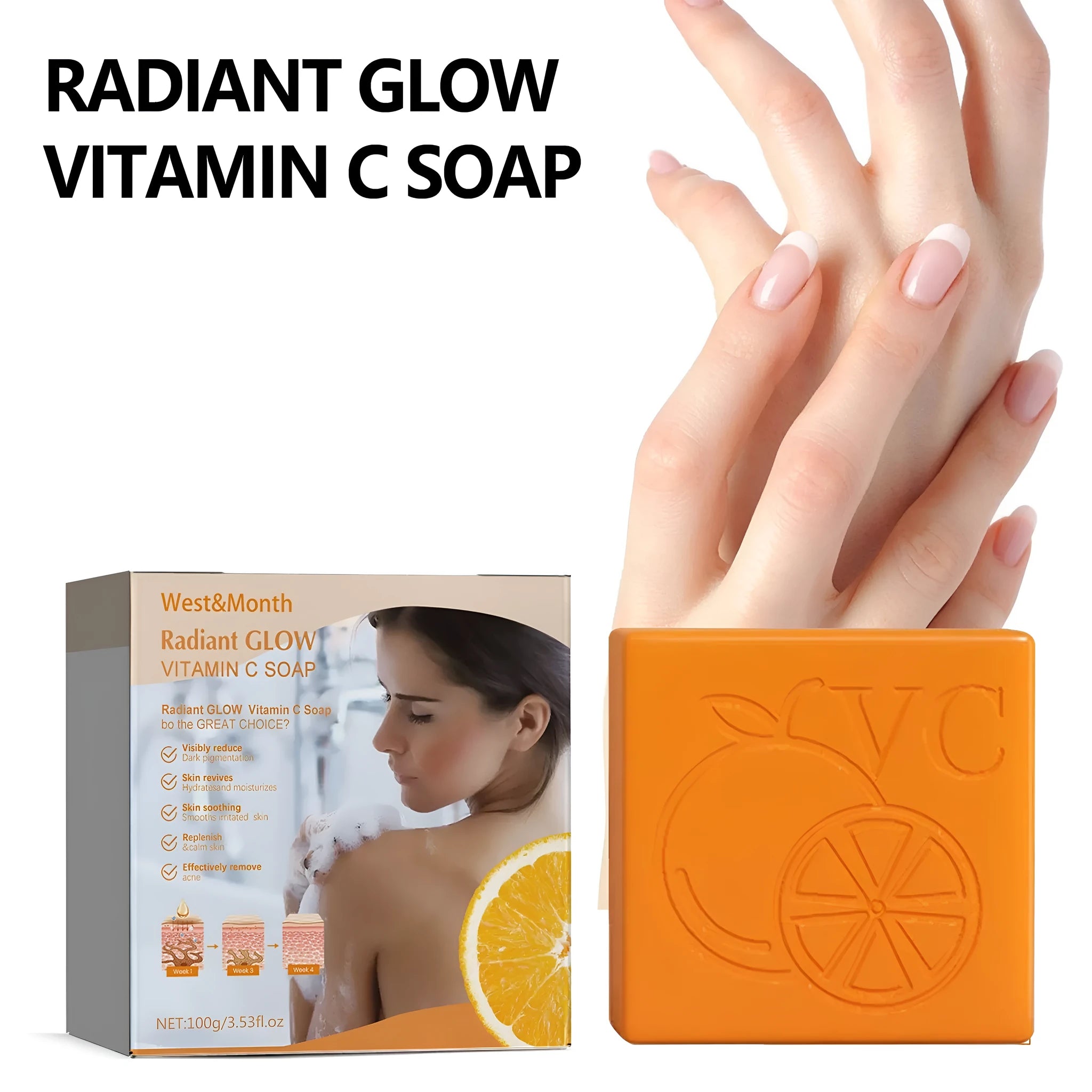 100g whitening vitamin cleansing soap bar with kojic acid, hyaluronic acid, and botanical extracts.