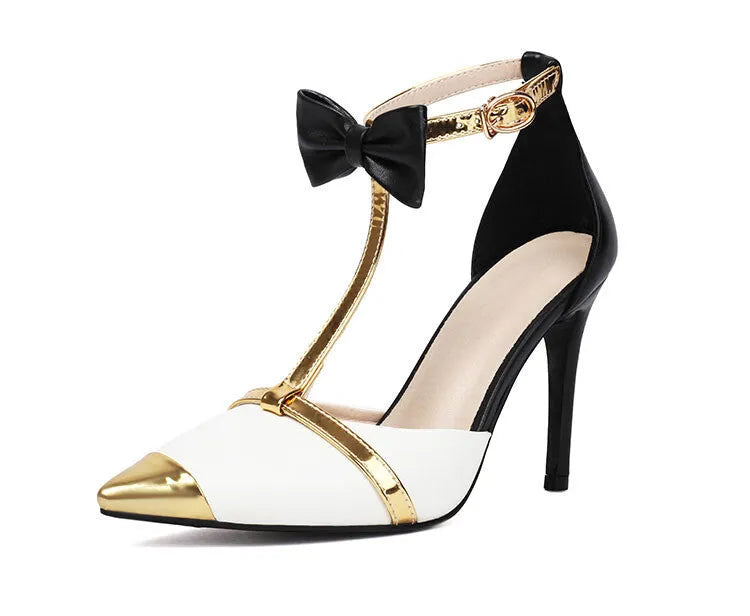 Purple and white plus size women's closed toe high heel sandals with adjustable buckle and pointed toe design