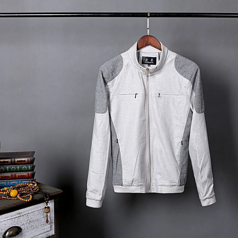 Men's lightweight cotton linen jacket in regular fit, shown in heather grey, grass green, and blue colour options.