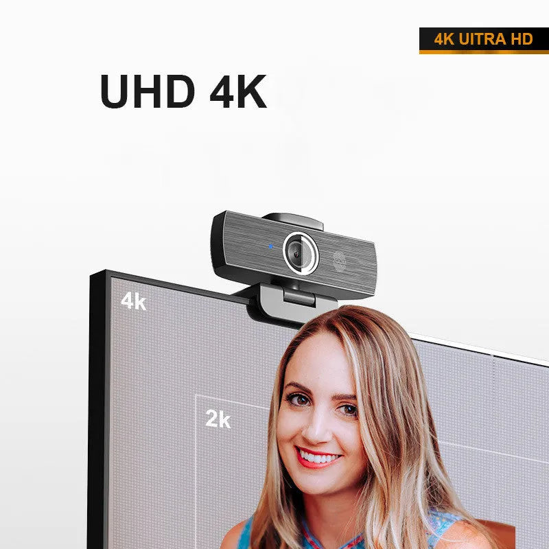 Black 4K USB webcam with auto focus, shown with its magnetic privacy cover and 1.7-metre cable.