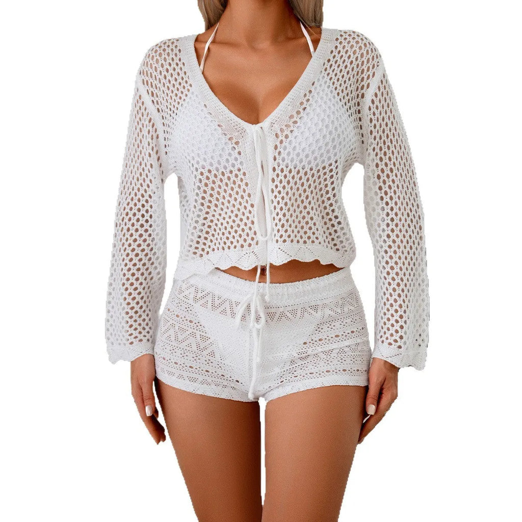 Women's hollow woven cardigan blouse with bell sleeves in apricot colour showing short 40cm length