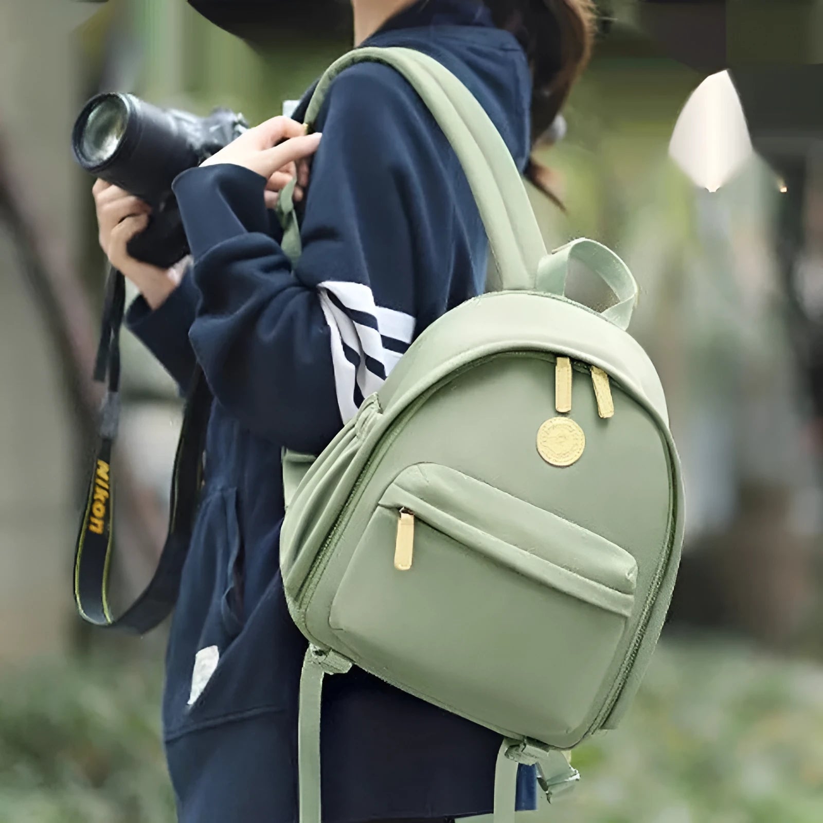 Polyester shoulder camera bag with detachable iPad compartment in black colour with curve belt strap