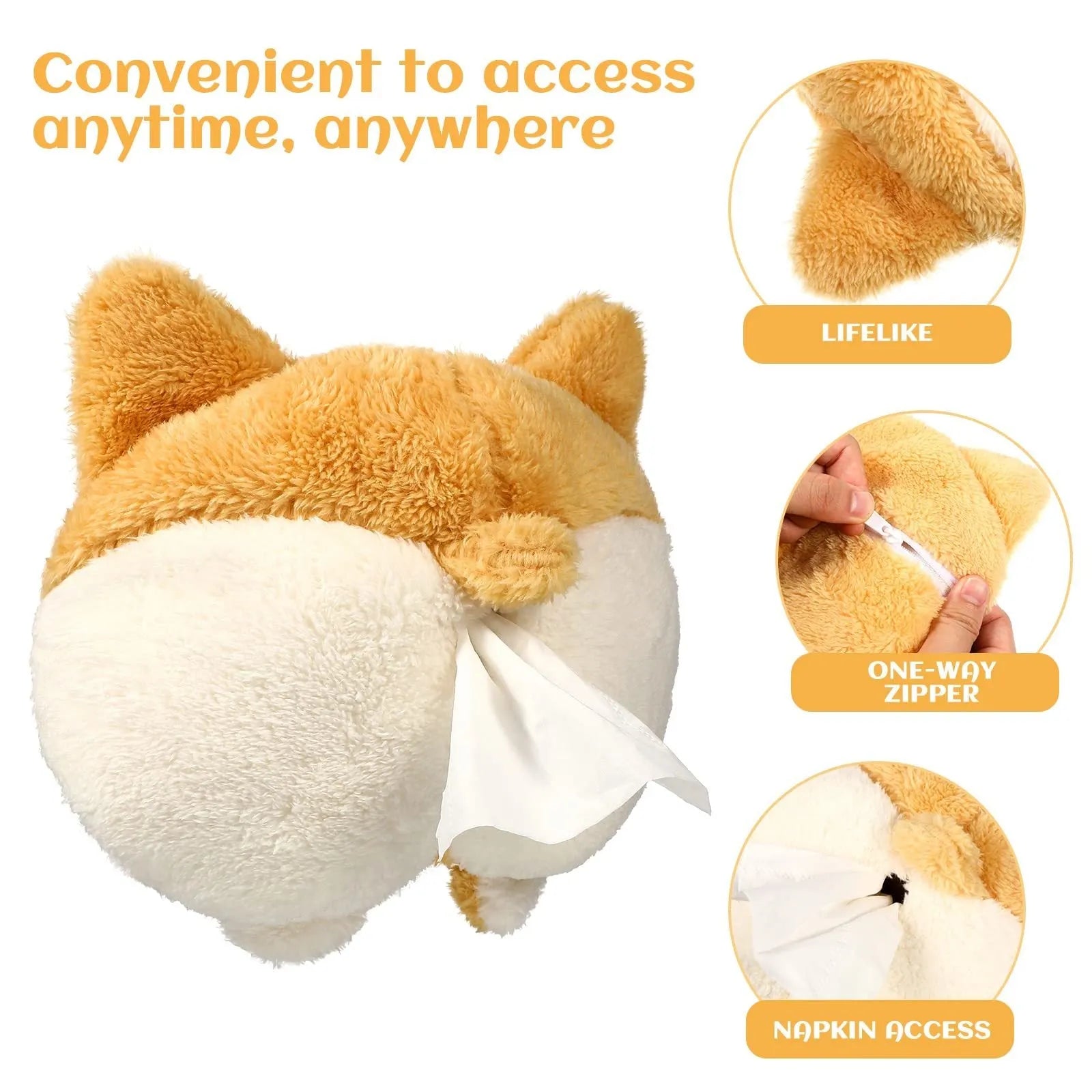 Soft yellow Corgi butt shaped tissue box cover with elastic strap for car sun visor