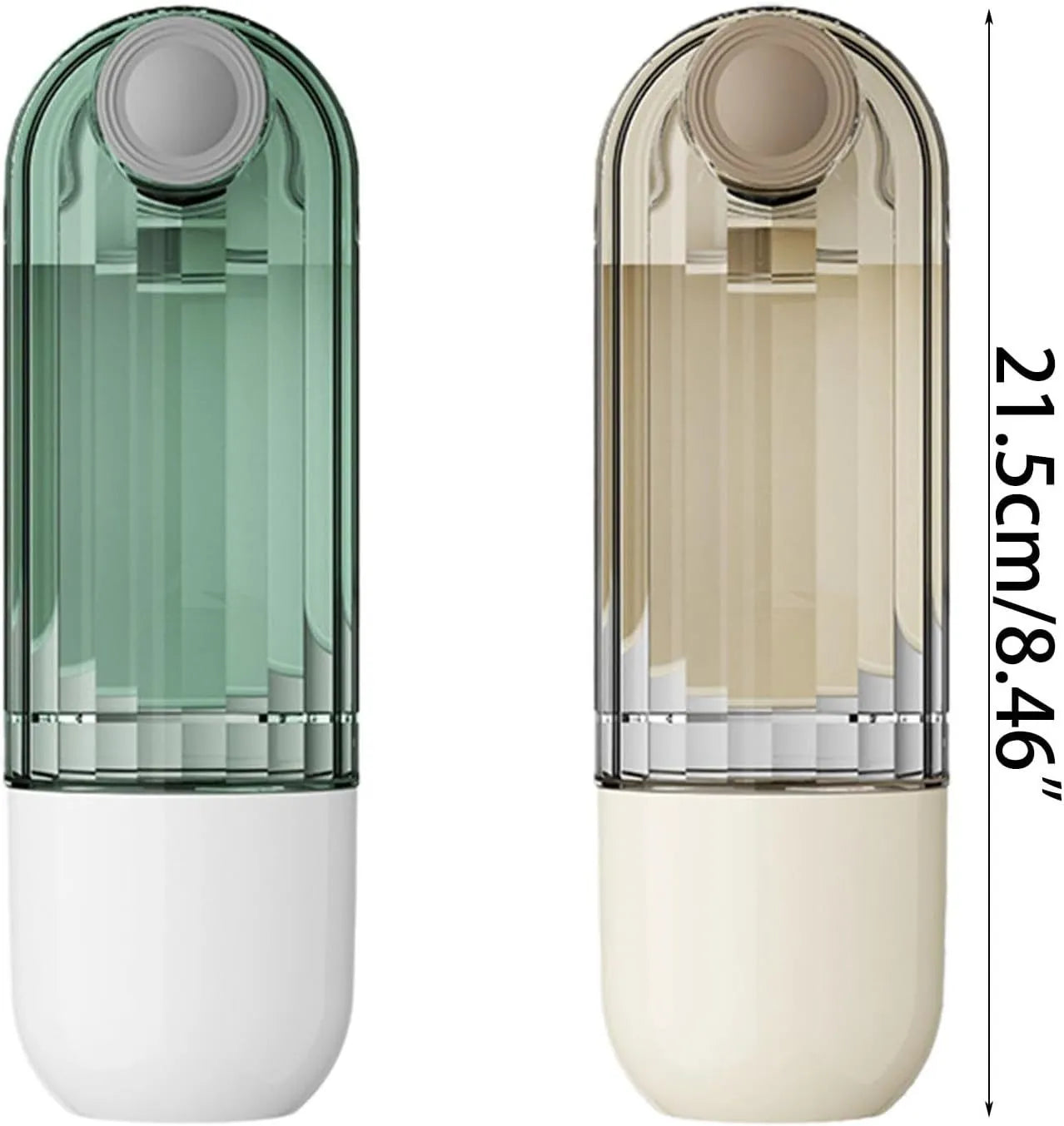 Beige foldable dog water bottle with integrated food container, shown with press-button tray.