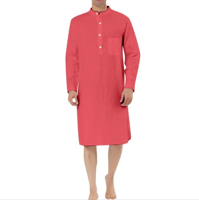 Men's cotton shirt robe with pockets shown in multiple colour options