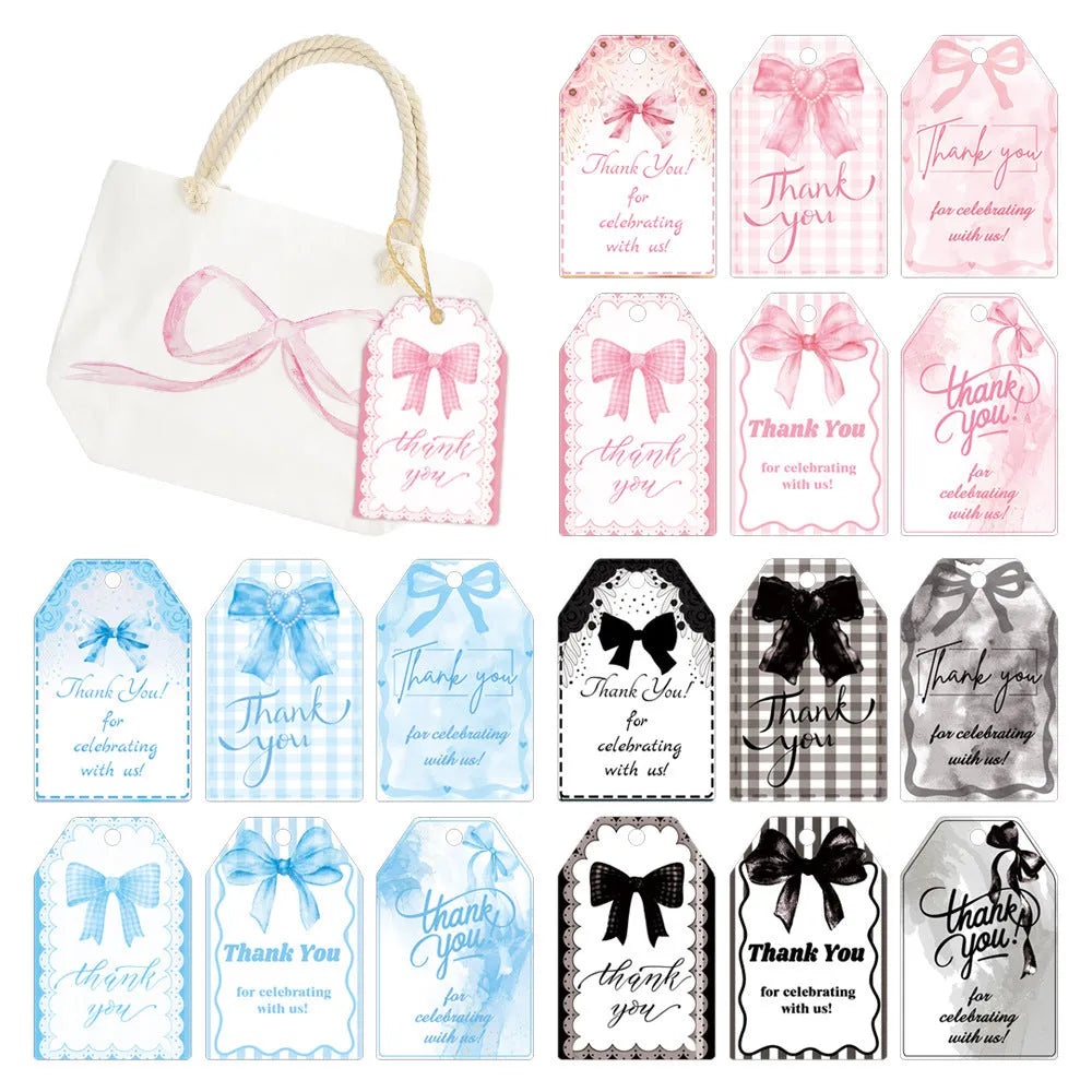 Three design styles of bowknot birthday gift tags with natural hemp rope ties
