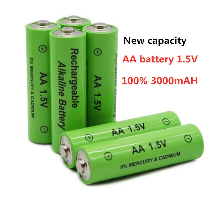 Green alkaline rechargeable AA battery with 3000mAh capacity and 1.5V high voltage label