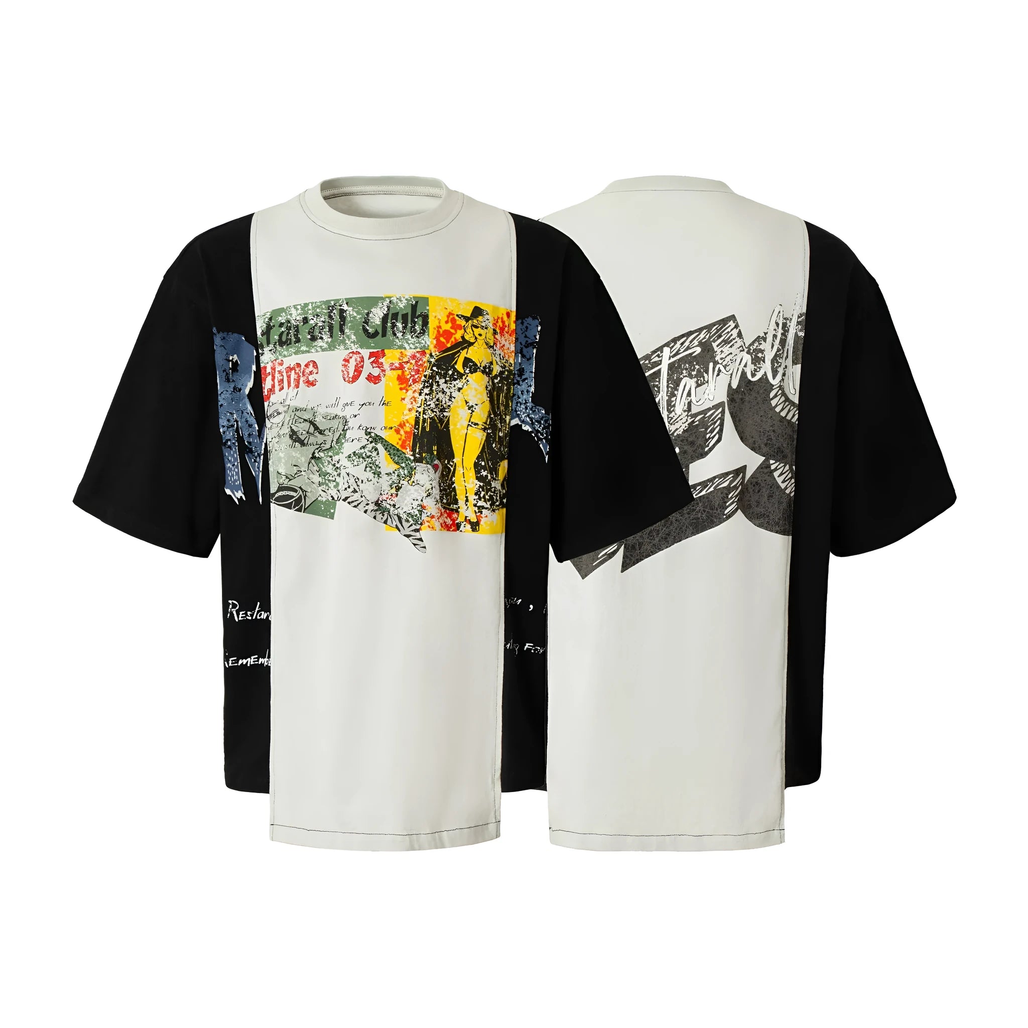Black and white broken collage print on a loose-fit cotton blend t-shirt.