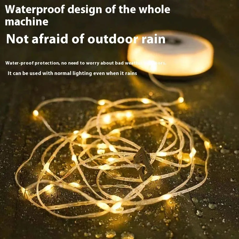 Rechargeable outdoor string lights with 30 LED beads on an 8m cable, showing both colourful and warm white light modes.