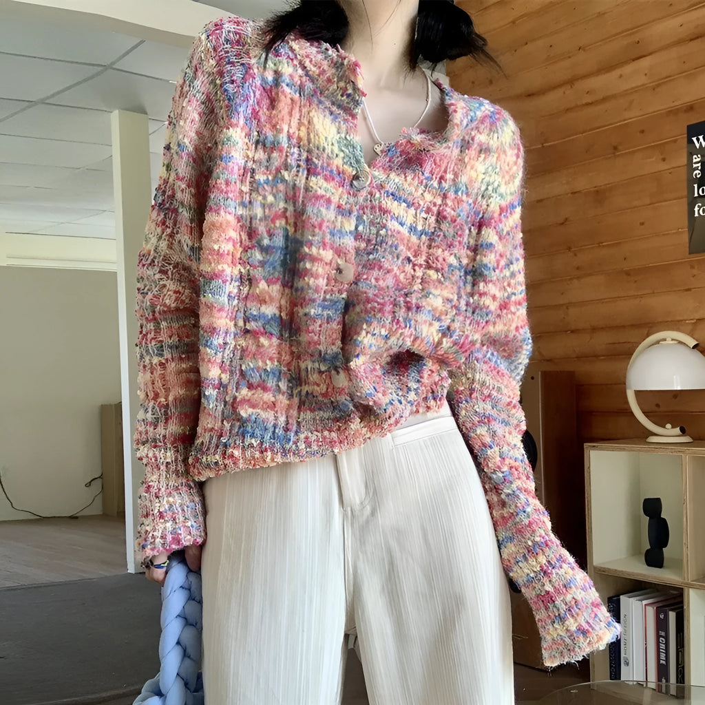 Pink and green rainbow pattern women's cardigan sweater with toothbrush hair fabric texture